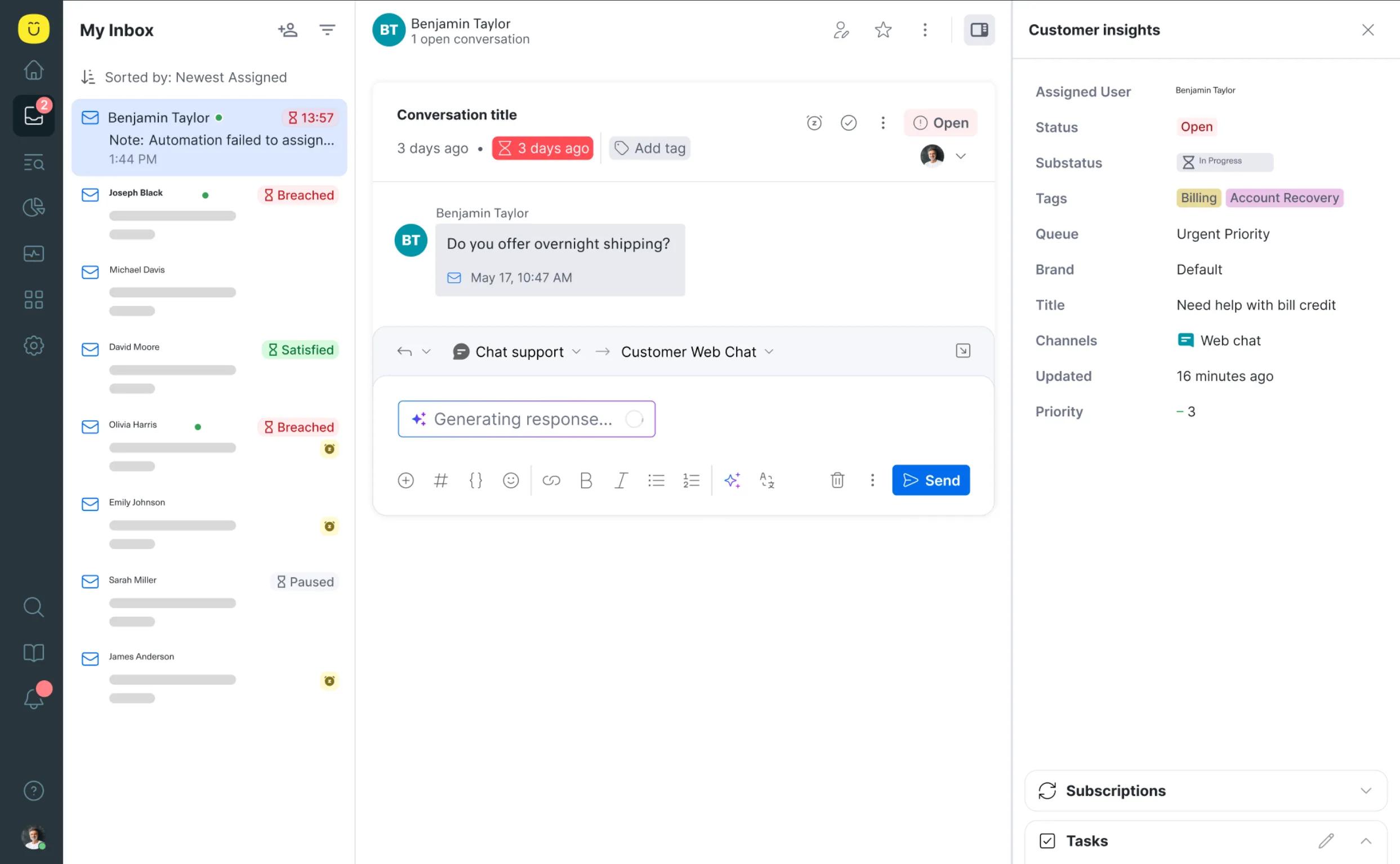 A customer support dashboard, ideal for those seeking Intercom Alternatives, shows an open chat conversation, customer details, tags, and message status updates, with options to assign, prioritize, and manage tickets on the right sidebar.