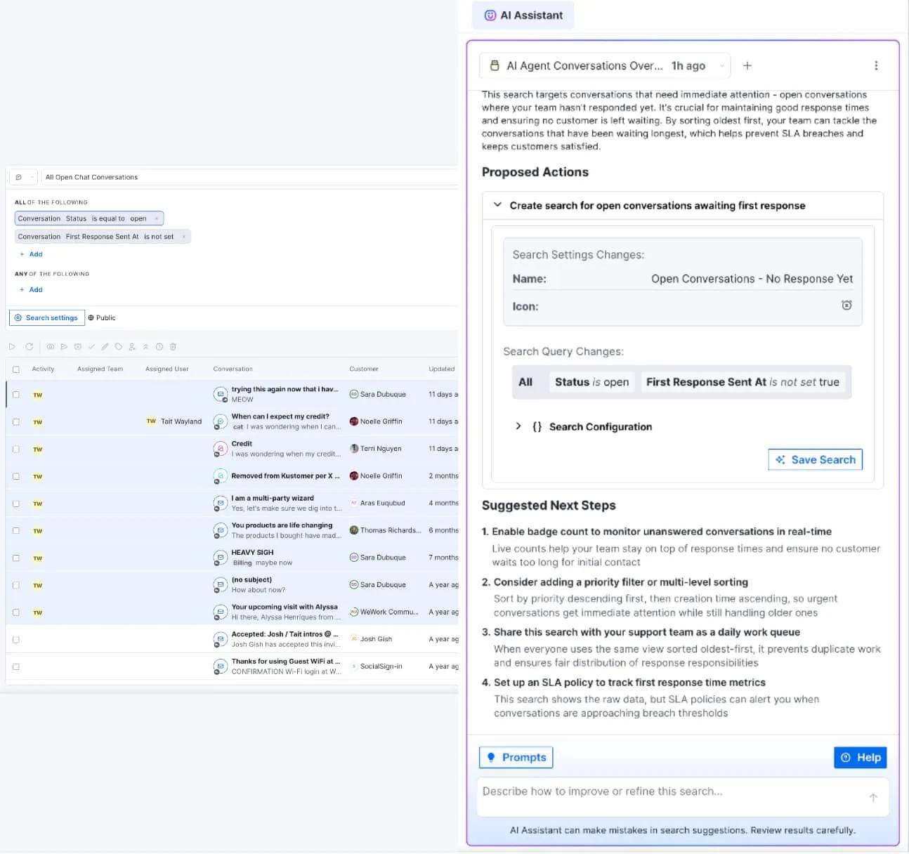 A dashboard displays a customer service platform with open chat tickets on the left and an AI assistant panel on the right, suggesting actions, search queries, and next steps—much like a blog block editor guiding content creation.