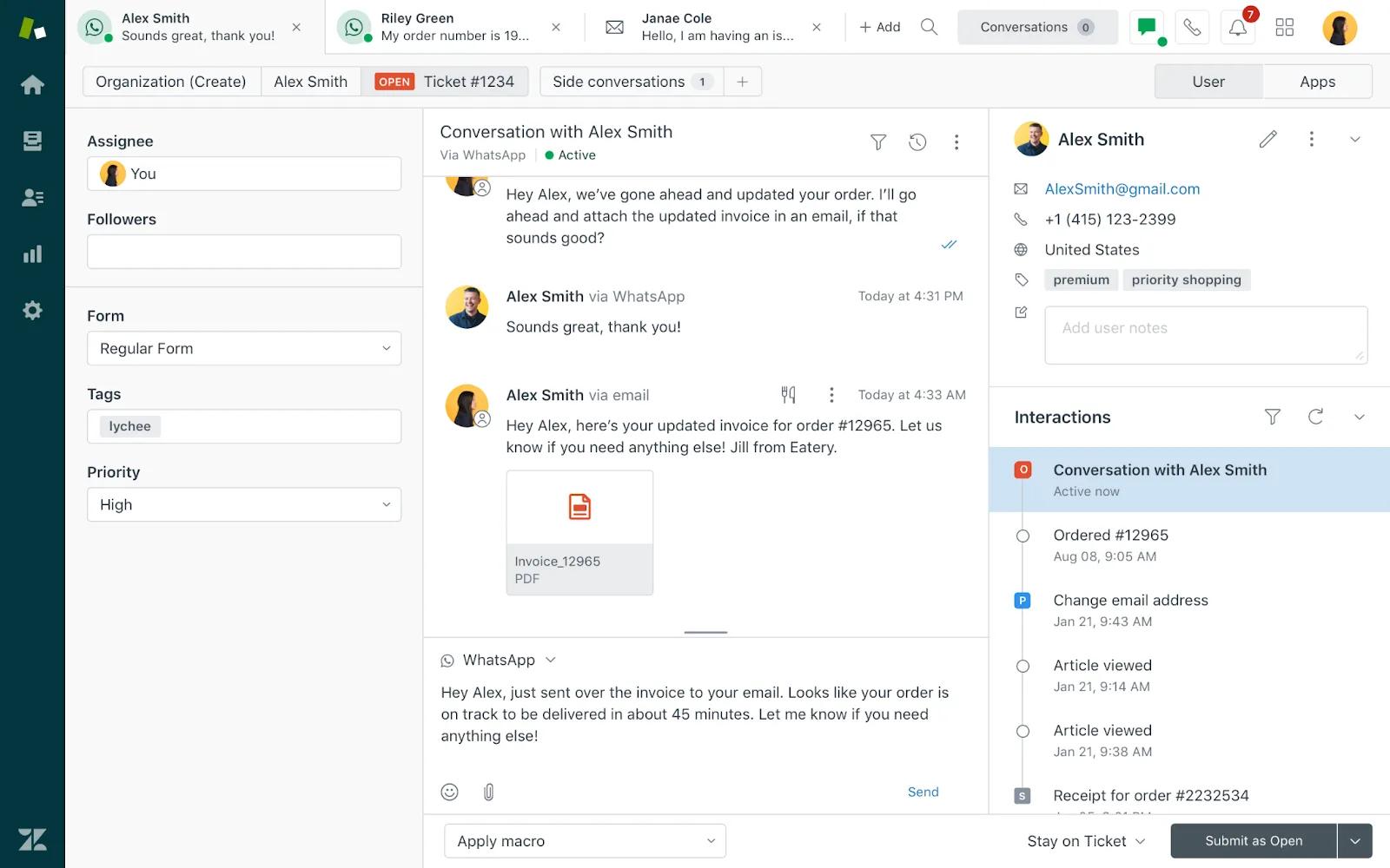 A customer support dashboard shows a conversation with Alex Smith via WhatsApp and email, discussing an order update and sharing an invoice. The interface includes ticket details, assignee, tags, interaction history, and a Block Editor for drafting replies.
