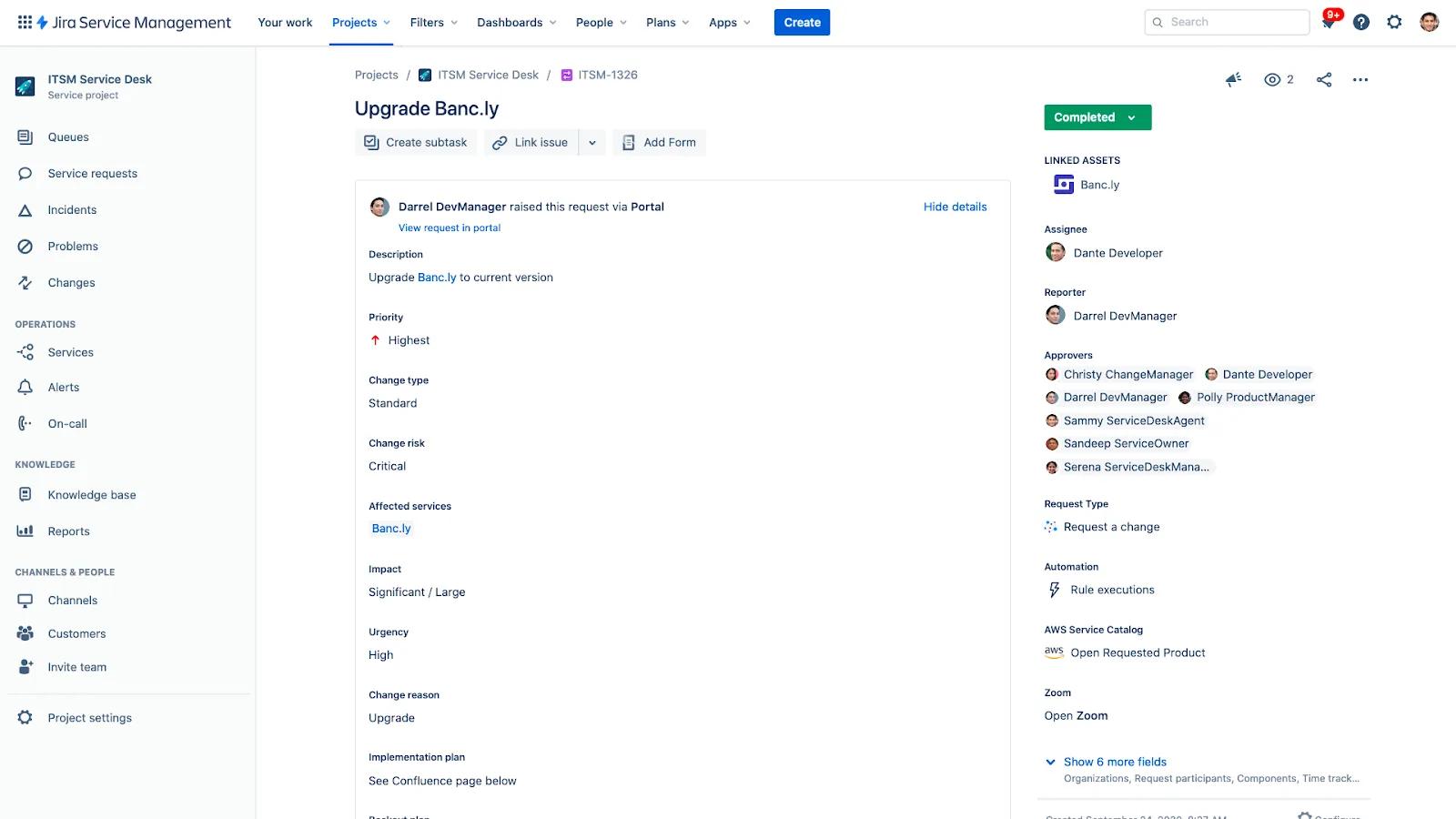 A Jira Service Management project screen displays a service request titled Upgrade Banc.ly with details such as priority and change risk. The right sidebar, styled like a blog block editor, lists assignees, request participants, and activity status.