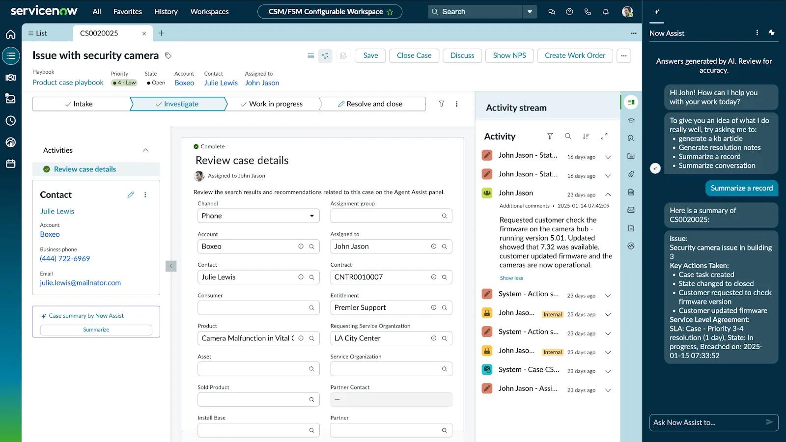 A ServiceNow dashboard shows a case about a security camera issue, displaying case details, investigation workflow, comments, and an AI-powered assistant panel with summarized information—perfect content for a Blog Newsletter using GAETANO's Block Editor.