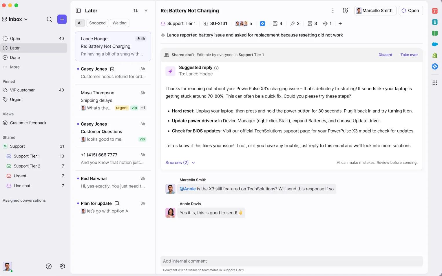 A computer screen displays an email support dashboard with an open email about a battery not charging. The right panel shows a detailed support reply, while the left sidebar lists other emails, messages, and a newsletter update.