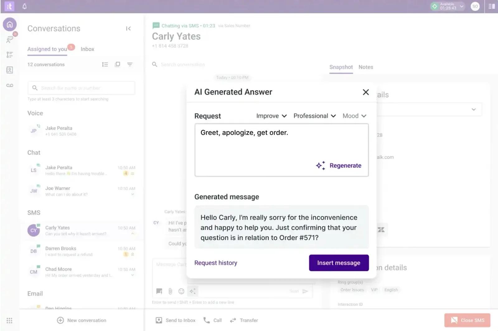 A customer service chat platform displays an AI-generated response for a request, suggesting an apology and order confirmation message to be sent to Carly Yates. The option to insert the message is highlighted, similar to adding content in a Block Editor.