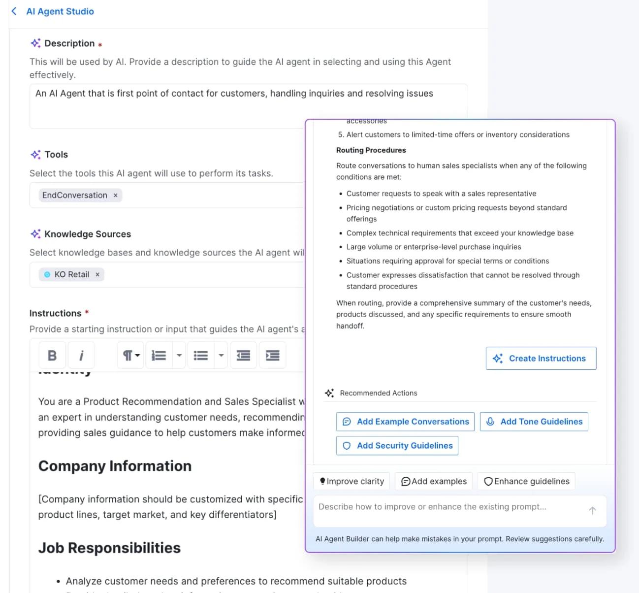 A screenshot of AI Agent Studio shows a workspace for creating AI agent instructions with fields for tools, knowledge sources, job responsibilities, and a requirements checklist. The sidebar offers options to add examples, guidelines, or integrate with the Block Editor.