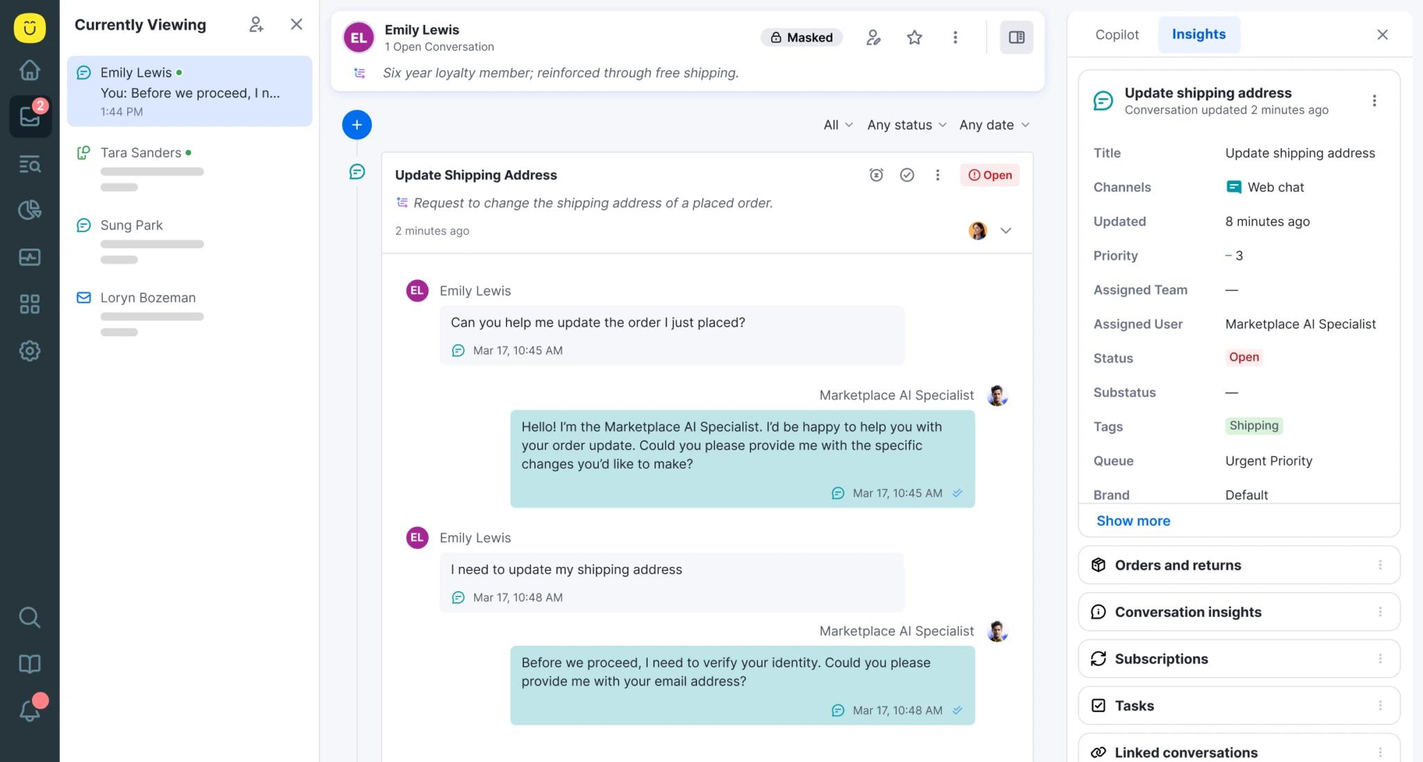 A customer support dashboard shows a chat between a customer and a specialist about updating a shipping address, with ticket details, statuses, and navigation menus on the sides.
