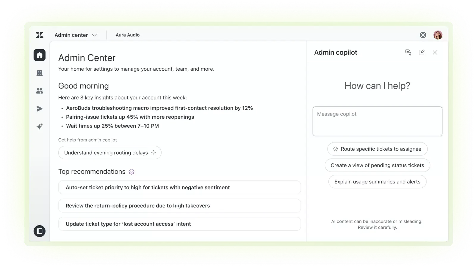 A dashboard displays an admin center with support statistics, troubleshooting tips, top recommendations, and an Admin copilot side panel—plus quick actions for managing accounts and tickets—all enhanced by features like Blog integration and Newsletter tools.
