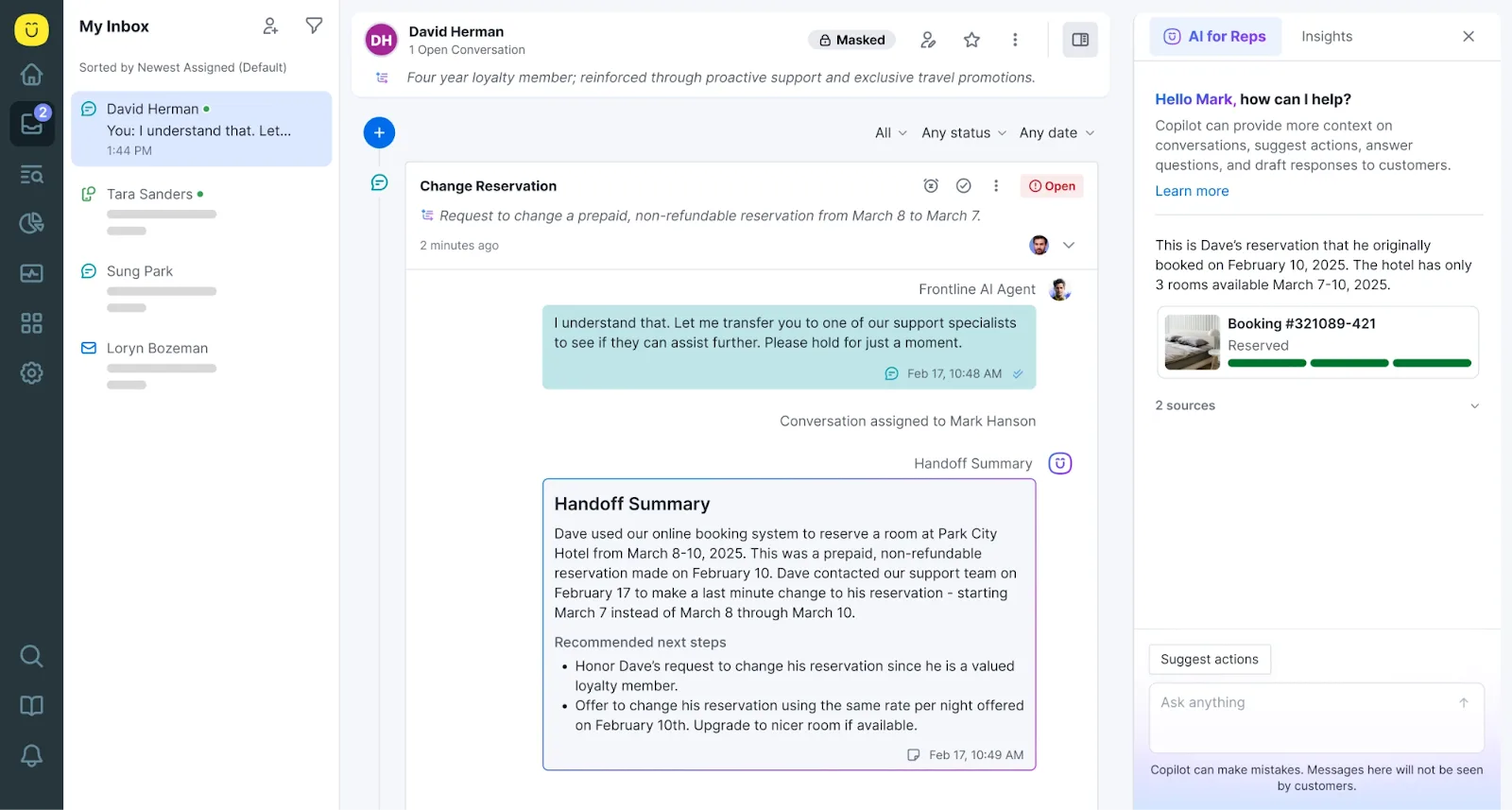 A computer screen displays a customer service dashboard with a chat conversation about changing a reservation, including a handoff summary and hotel reservation details on the right side—ideal content for a newsletter or blog post using a block editor.