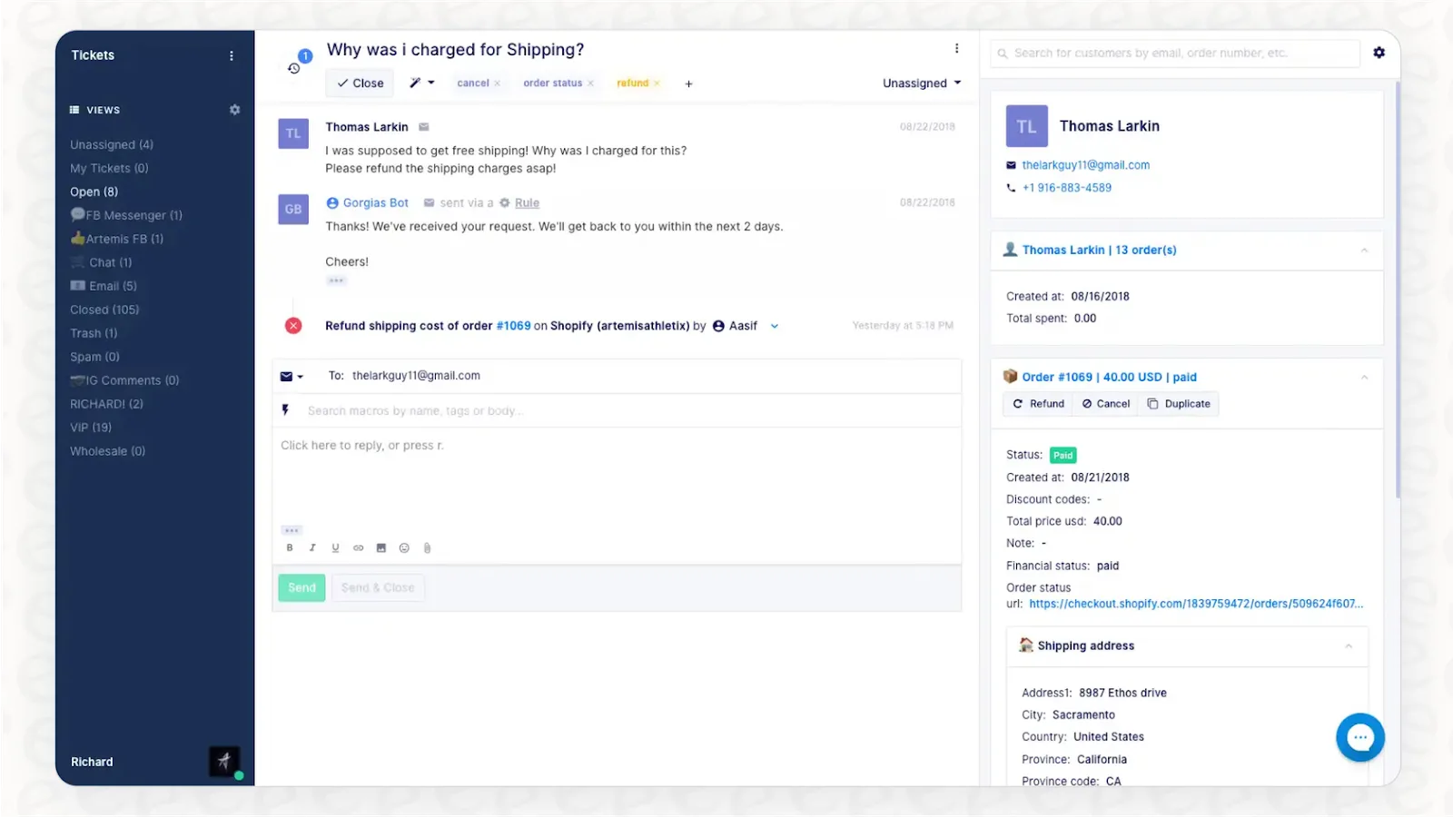 A customer service dashboard shows an email conversation about a shipping charge, with details like customer info, order number, shipping address, and reply options visible—much like features in a Newsletter or Blog block editor.